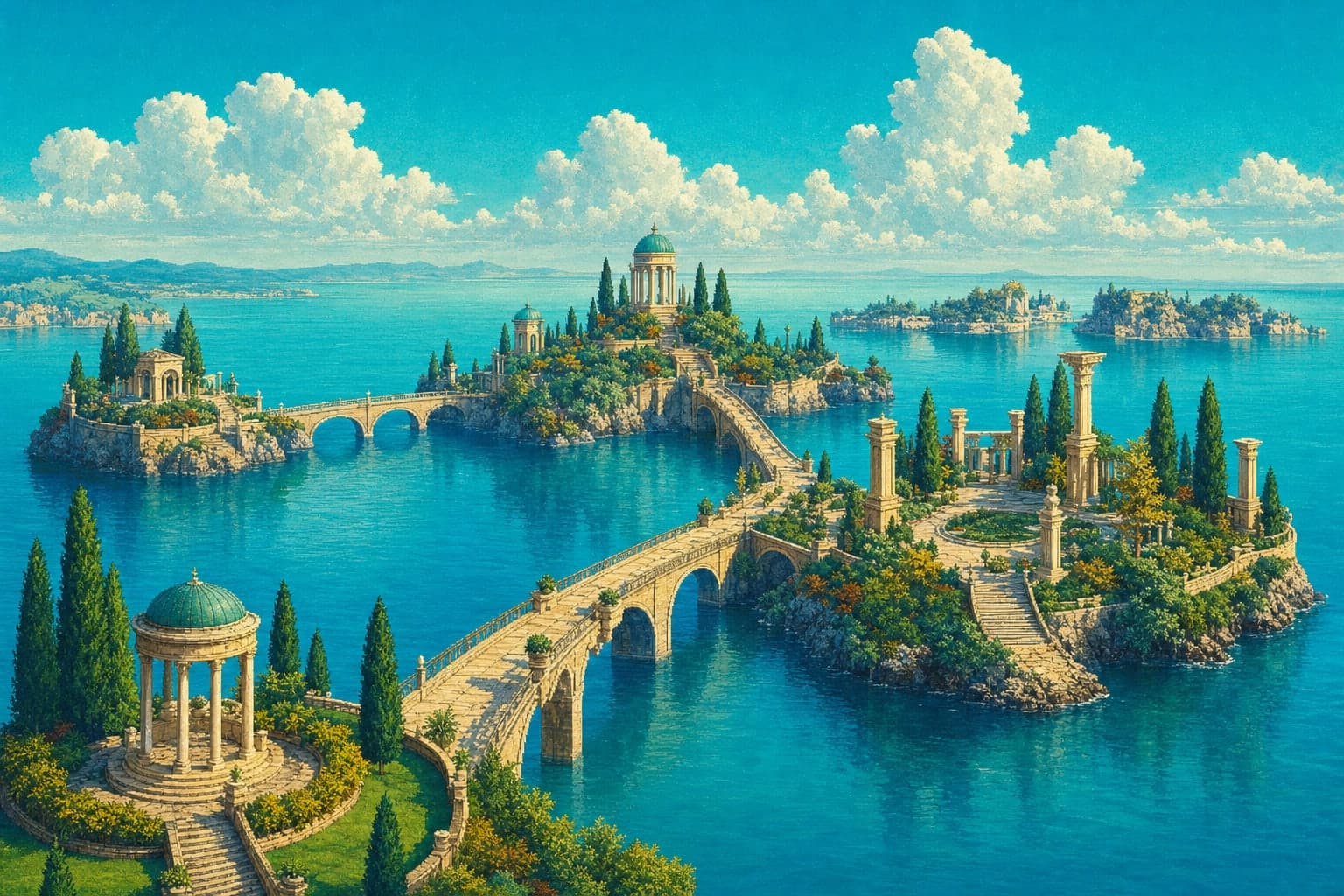 Slender stone bridges connecting small islands in turquoise water
