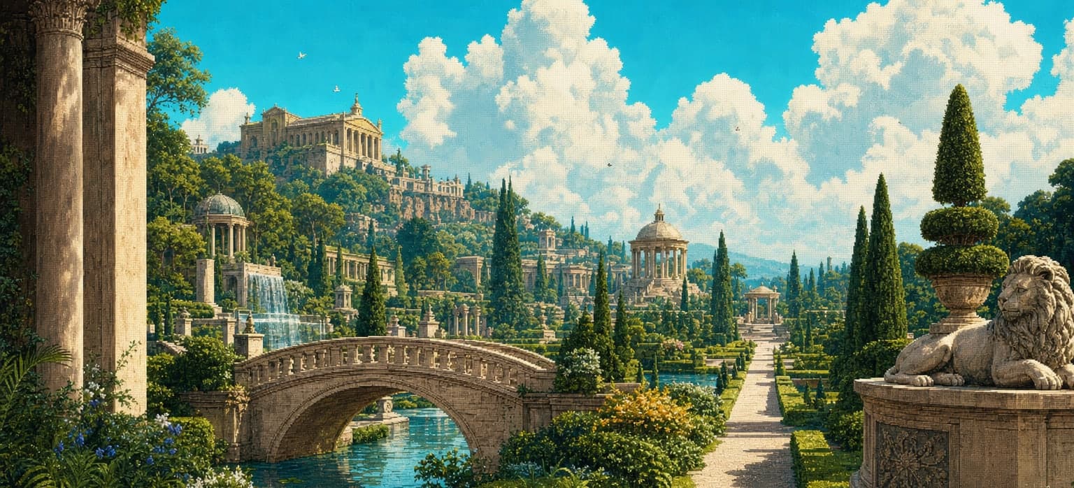 The DeFi Garden: a surreal formal garden with pools, bridges and classical pavilions under a cyan sky