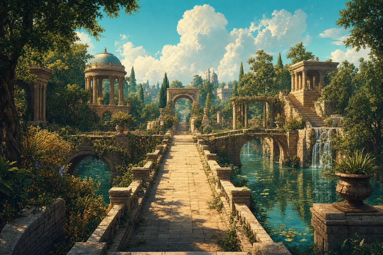 Paths passing through bridges, pools and small structures, some sunlit and some in shade
