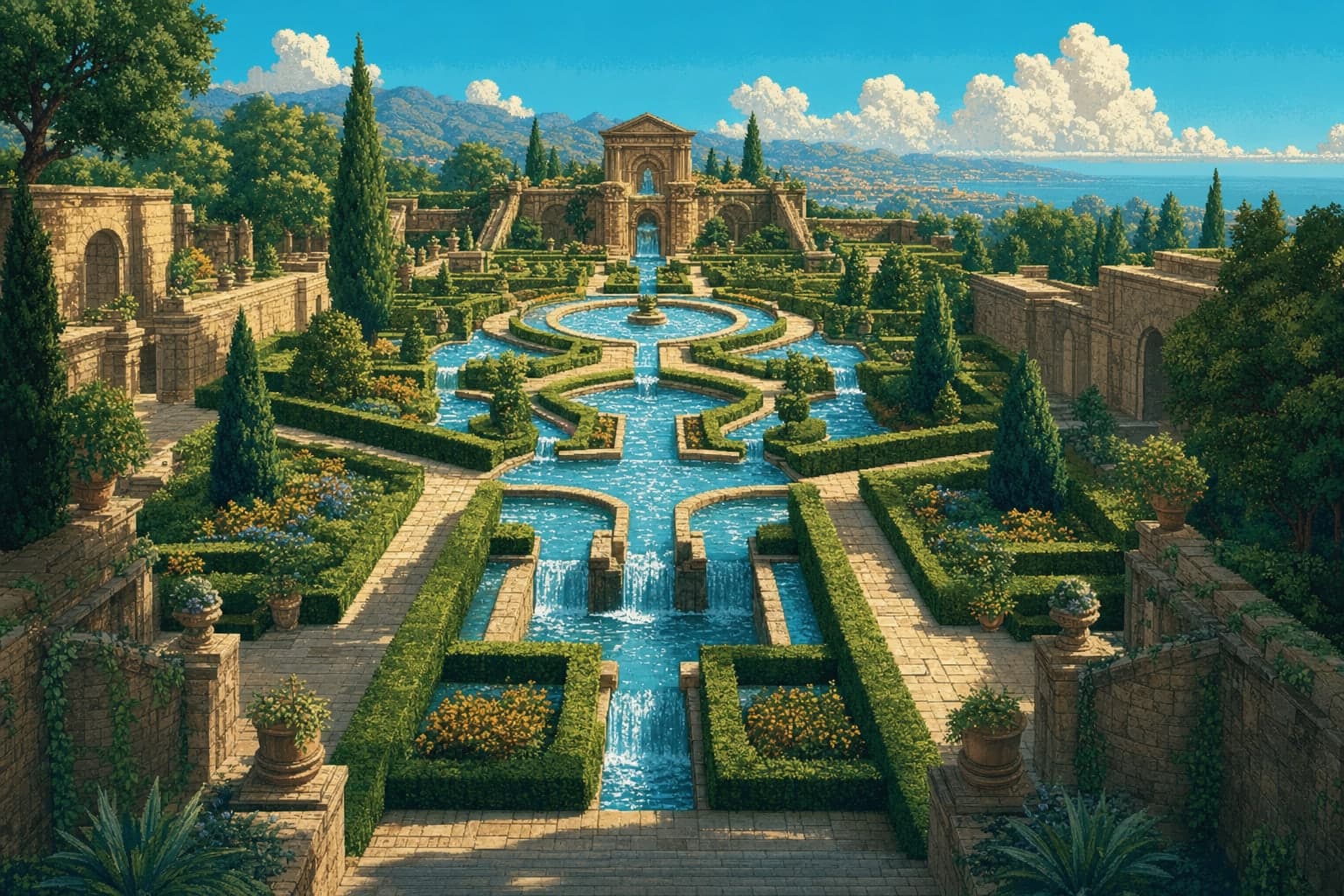 A terraced garden where one spring branches into several streams and pools